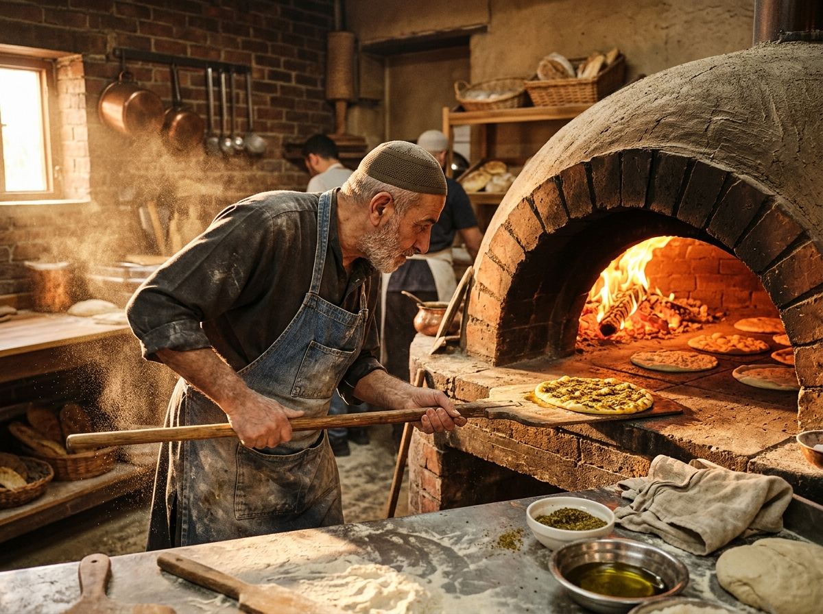 Baker sliding fresh bread into a wood-fired oven